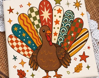 Retro indyk PNG, projekt sublimacji na Święto Dziękczynienia, modna jesienna koszula z indykiem PNG, boho vintage jesień do pobrania w wersji cyfrowej