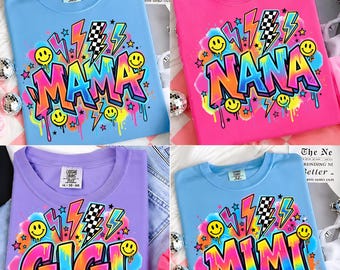 Mama Nana Gigi Mimi PNG Bundle, koszulka z nadrukiem uśmiechniętej buźki w stylu retro graffiti (pobieranie cyfrowe)