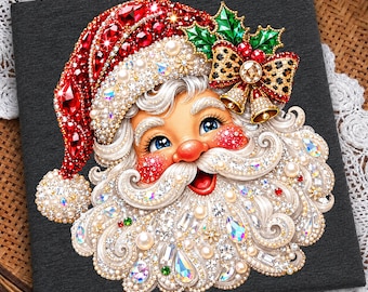 Bling Santa PNG, Rhinestone Christmas PNG, Jeweled Santa Face Sublimation, Glam Holiday DTF Design, Leopard Bow Santa Png, Digital Download