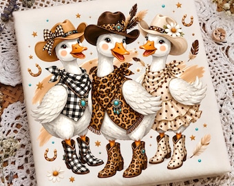 Western Cowgirl Goose PNG, Leopard Print Checkered Polka Dots Brushstroke Farm Animal Design, Western Geese Sublimation Design
