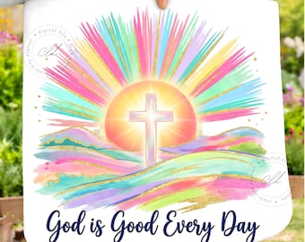 Dios es bueno todos los días. Cruz cristiana PNG, diseño de sublimación de amanecer colorido (descarga digital).
