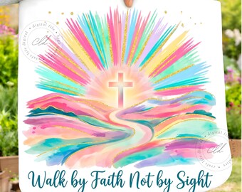 Camina por fe, no por vista, diseño de camiseta con cruz cristiana, efecto de sol en acuarela (descarga digital)