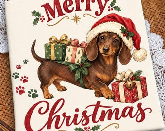 Bassotto elegante PNG, Cane bassotto di Buon Natale, Natale retrò PNG, È la stagione PNG, Design di un bassotto con cappello di Babbo Natale vintage