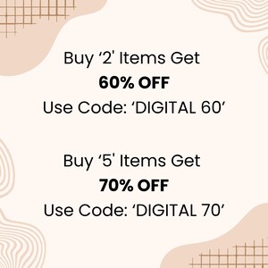 May include: Cream-colored promotional graphic with text offering discounts. The text reads: "Buy '2' Items Get 60% OFF Use Code: 'DIGITAL 60'" and "Buy '5' Items Get 70% OFF Use Code: 'DIGITAL 70'". Decorative beige shapes and lines are in the background.