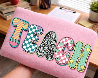 Retro Teach PNG, Colorful Teacher Shirt Graphic, Back to School Design (Digital Download)