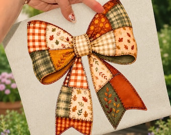 Fall Patchwork Bow PNG, Autumn Coquette Bow Sublimation, Thanksgiving Plaid Quilt Bow Digital Download, Girly T-Shirt Design