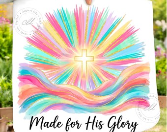 Hecho para Su Gloria PNG, Diseño de Camiseta con Cruz Cristiana, Rayos de Acuarela (Descarga Digital)
