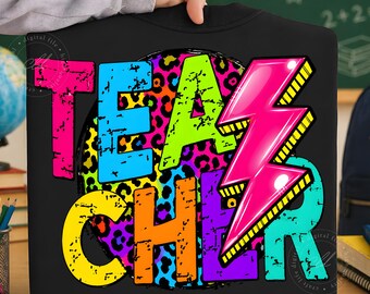 Diseño PNG de rayo colorido para profesor, camiseta retro de leopardo para profesor (sublimación), camiseta gráfica de regreso a clases (descarga digital)