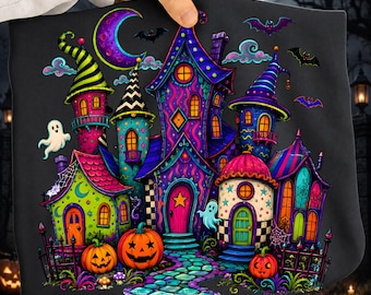 Neon Haunted House Png,  Colorful Halloween Village Png, Retro Halloween House Design, Whimsical Spooky Town Png, Ghost Pumpkin Sublimation