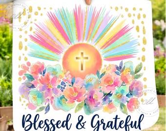 Bendecido y agradecido PNG, diseño de camiseta con cruz cristiana, arte floral en acuarela (descarga digital)