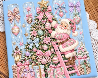 Ciquette Santa Png,Pastel Bow Holiday PNG, Santa Claus Retro Png, Glitter Christmas Png, Girly Leopard Christmas Shirt PNG