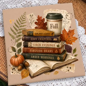 Pode incluir: Uma placa decorativa quadrada com uma pilha de cinco livros intitulados Golden Leaves, Cozy Chapters, Cider Evenings, Fireside Reads e Amber Mornings. Um copo de café com a palavra Fall está no topo, com uma abóbora, bolotas e folhas de outono.