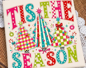 Polka Dot Tis The Season png, Boże Narodzenie png, Święty Mikołaj png, Modne dziewczęce, Paski świąteczne png, Preppy Christmas png, Retro choinka png