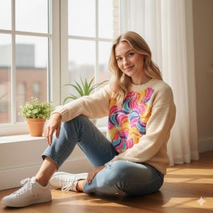 May include: A cream-colored sweater with a vibrant, swirling pattern of pink, yellow, blue, and purple on the chest. The sweater is paired with blue jeans and white sneakers. The person is sitting on a wooden floor near a window.