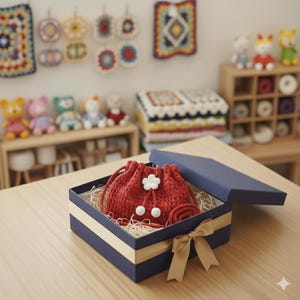 May include: A red crocheted drawstring bag with a white flower and two white pom-poms, presented in a navy blue gift box with a gold ribbon. The box is lined with straw. The bag is a handmade item.