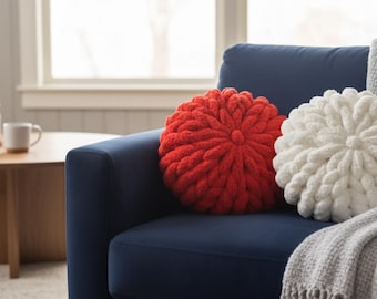 Patrón de almohada redonda gruesa tejida a mano / Sin agujas (PDF)