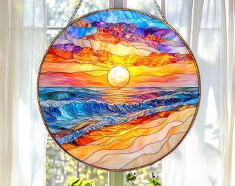 ステンドグラスの日の出サンキャッチャー：ビーチの窓に飾る - Etsy 日本