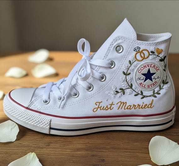 Tênis Converse Cano Alto Branco Bordado Recém-Casados Sapatos de