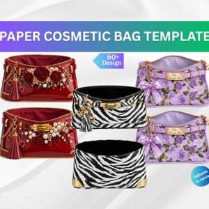 May include: Paper cosmetic bag template featuring various designs. Includes red bags with floral and pearl embellishments, a zebra print bag, and purple floral bags. The text "Paper Cosmetic Bag Template" is displayed at the top.