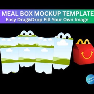 May include: A mockup template for a meal box, featuring a flat, unfolded design with a landscape illustration and a completed red box with a yellow smile. Text reads "MEAL BOX MOCKUP TEMPLATE" and "Easy Drag&Drop Fill Your Own Image."