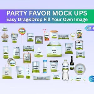 May include: A collection of party favor mockups, including cake toppers, candy, and various containers. The image features text that reads "PARTY FAVOR MOCK UPS" and "Easy Drag&Drop Fill Your Own Image."