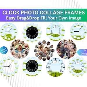 時計写真コラージュテンプレート、編集可能な壁掛け時計デザイン、24枚の写真コラージュ時計、印刷可能なホームデコレーション、カスタムフォトギフト、Canvaテンプレート