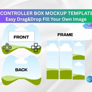 May include: A mockup template for a controller box with a front and back view, and a frame design. The text reads "CONTROLLER BOX MOCKUP TEMPLATE" and "Easy Drag&Drop Fill Your Own Image". The design includes a blue sky and green hills.