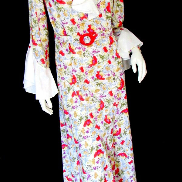 Repro 1930s Costume Floral Ruffly Day-Dress w/belt for Plays, Musicals, Music Reviews Mystery Games Costume Parties  by VintageDressNCostume