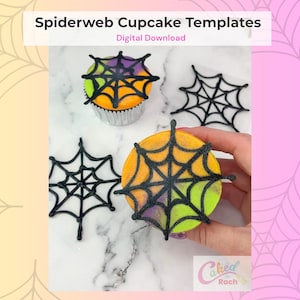 Peut inclure: Image de modèles de cupcakes en toile d'araignée. Les cupcakes ont un motif de toile d'araignée noire sur le dessus, avec un glaçage orange, vert et violet. Le texte "Spiderweb Cupcake Templates" et "Digital Download" est visible.