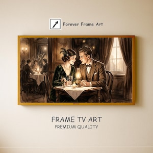 May include: A framed watercolor print depicts a couple at a candlelit table in a restaurant. The man wears a brown suit and bow tie, while the woman is in a green dress. The print is labeled "Forever Frame Art" and "Frame TV Art Premium Quality."
