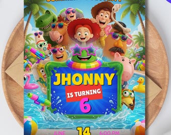 Invitación para fiesta en la piscina de Toy Story, plantilla editable de Canva, invitación de cumpleaños infantil de verano de 5x7 pulgadas, descarga digital.