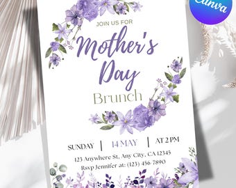 Plantilla editable de invitación para brunch del Día de la Madre, invitación floral para desayuno del Día de la Madre, invitación para almuerzo del Día de la Madre, descarga digital instantánea.