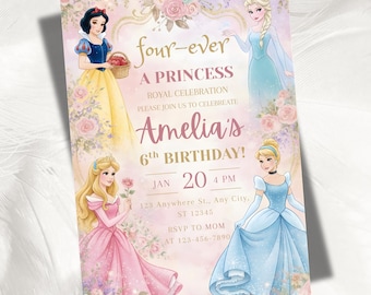 Editable Any Age Princess Birthday Invitation, Royal Princess Party Invite, 4th Birthday Girl Watercolor Digital Invite, Instant Download