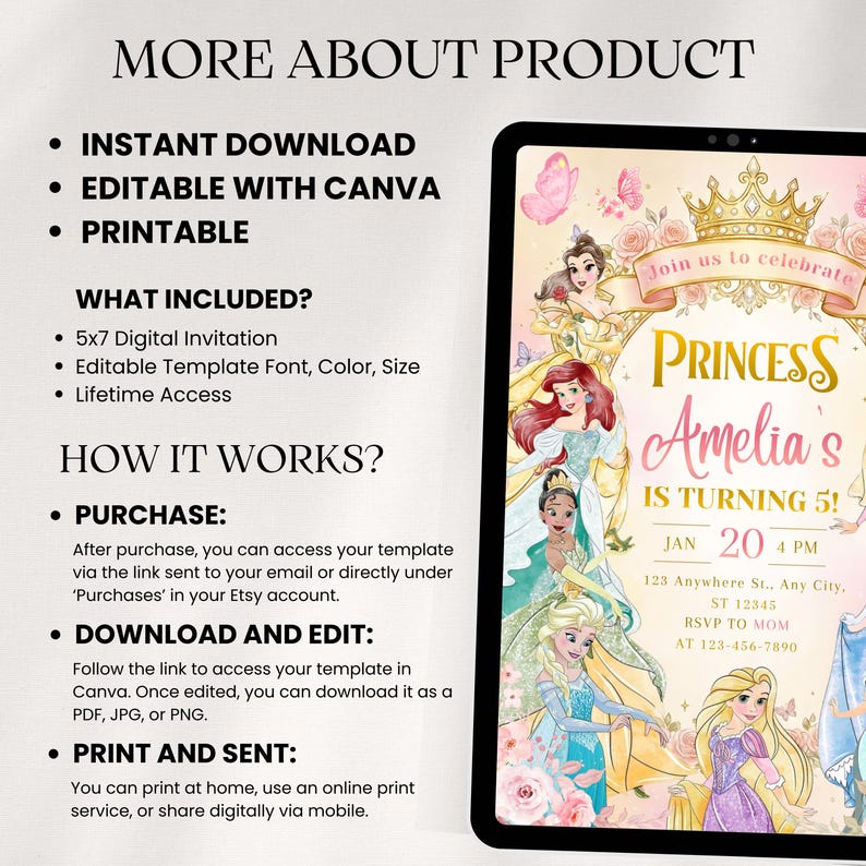 Invitación de cumpleaños editable para princesas de cualquier edad, fiesta temática de princesas reales en acuarela, invitación para el quinto cumpleaños de princesas reales (descarga digital) imagen 6