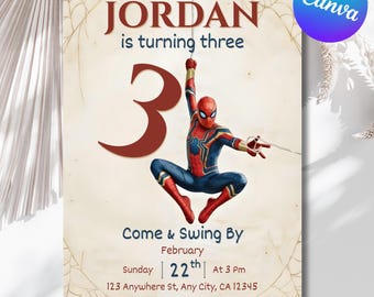 Invitación de cumpleaños de Spider-Man, invitación para fiesta de superhéroes para niños, plantilla editable de Canva para descarga instantánea (5 x 7 pulgadas)