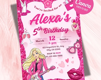 Fashion Doll Birthday Invitation, Editable Pink Glitter Rockstar Girl Theme Party, Personalized Canva Template