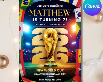 Invitación de cumpleaños para el Mundial 2026, fiesta temática de la FIFA, Copa Mundial de Fútbol, Copa One Last Dance, plantilla editable de Canva (descarga digital).