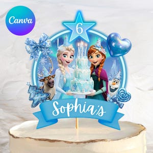 Editable Any Age Frozen Birthday Cake Topper, Frozen Elsa & Anna Theme, Girls Birthday Party Decor, Digital Download, Instant Download