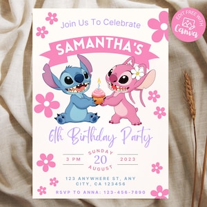 Stitch and Angel Birthday Invitation, Editable Lilo and Stitch Invite, Customizable Hawaiian Party Invite, Kids Birthday Canva Template