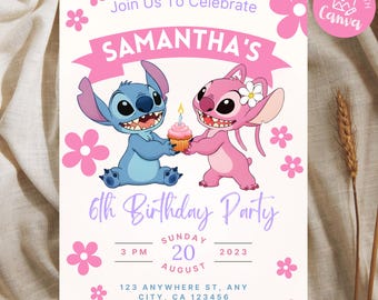 Stitch and Angel Birthday Invitation, Editable Lilo and Stitch Invite, Customizable Hawaiian Party Invite, Kids Birthday Canva Template