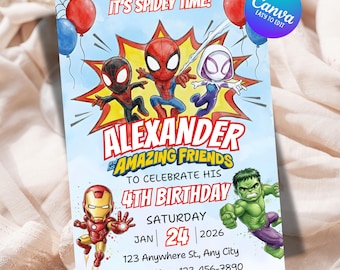 Editable Spidey and his Amazing Friends Birthday Invitation, Watercolor Superhero Team Canva Template, Instant Download
