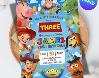 Plantilla editable de Canva para invitación de cumpleaños de Toy Story, invitaciones para fiestas de Woody y Buzz Lightyear para cualquier edad, invitación digital para fiestas infantiles de 5x7 pulgadas.