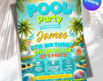Invitación de cumpleaños para fiesta en la piscina, invitación de natación con efecto neón, tarjeta para fiesta en la piscina, plantilla editable de Canva de 5 x 7 pulgadas, descarga instantánea.