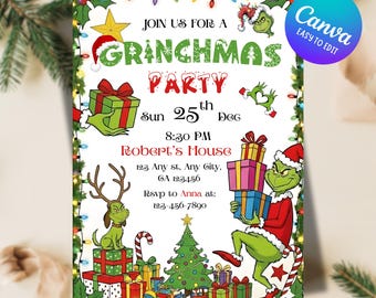 Editable Grinchmas Party Invitation | Canva Template | Holiday Party Invite | Merry Grinchmas | Digital Download