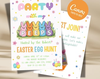Editable Easter Egg Hunt Birthday Invitation: Party with my Peeps Pastel Bunny Canva Template Digital Download