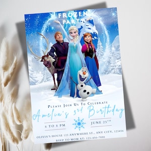 Pode incluir: Um convite para uma festa de aniversário com o tema Frozen com Elsa, Anna, Kristoff, Sven e Olaf. O convite inclui o texto "Frozen Party" no topo e detalhes para o 3º aniversário de Amelia, incluindo data, hora e local.