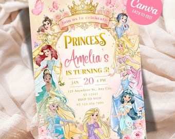 Editable Any Age Princess Birthday Invitation, Water Color Royal Princess Theme Party, Royal Princess 5th Birthday Invite (Digital Download)