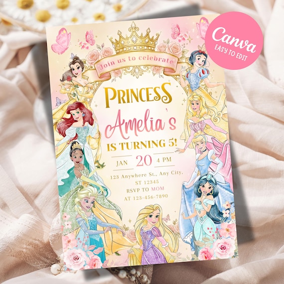 Editable Any Age Princess Birthday Invitation, Water Color Royal Princess Theme Party, Royal Princess 5th Birthday Invite (Digital Download)
