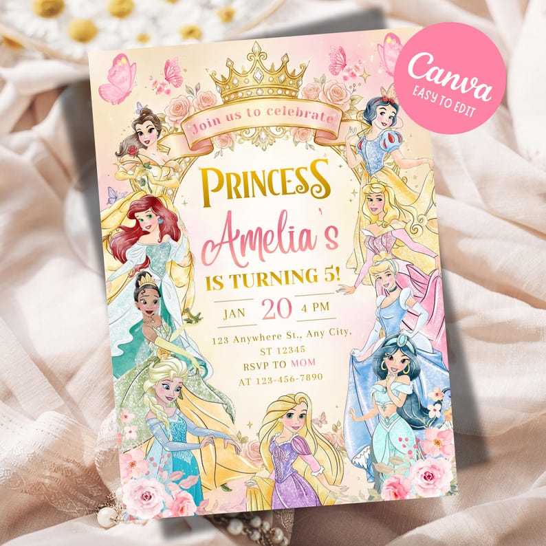 Editable Water Color Princess Birthday Invitation Template, All Princess Birthday Celebration Card, Royal Princess Birthday Invite