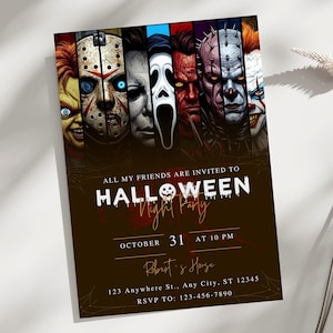 Invitación editable para fiesta de Halloween con calavera asesina sangrienta, esqueleto, invitación de terror para amigos, plantilla imprimible, disfraz para adultos, invitación espeluznante para beber.
